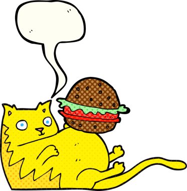 El yazısıyla çizilmiş çizgi roman konuşma balonu çizgi film şişman kedi ve bir insan tarafından çizilmiş hamburger.