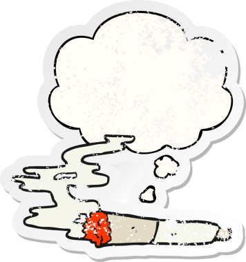 Düşünce baloncuklu çizgi film sigarası insan tarafından çizilmiş yıpranmış bir çıkartma gibi.