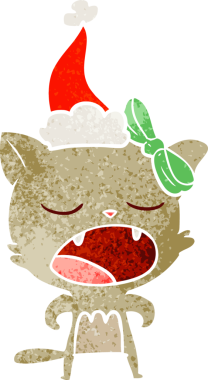 Bir insan tarafından çizilmiş Noel Baba şapkası giymiş bir kedinin miyavlaması.