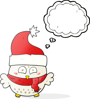 Bir insan tarafından çizilmiş noel şapkası giyen serbest çizim baloncuk baykuş.