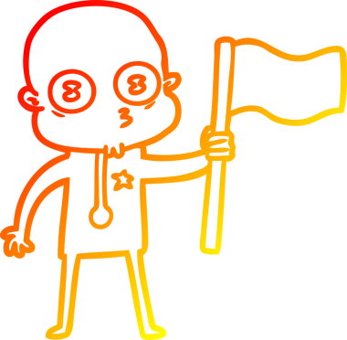 Bir insan tarafından çizilmiş bayraklı garip kel bir uzay adamının sıcak çizgi çizimi.