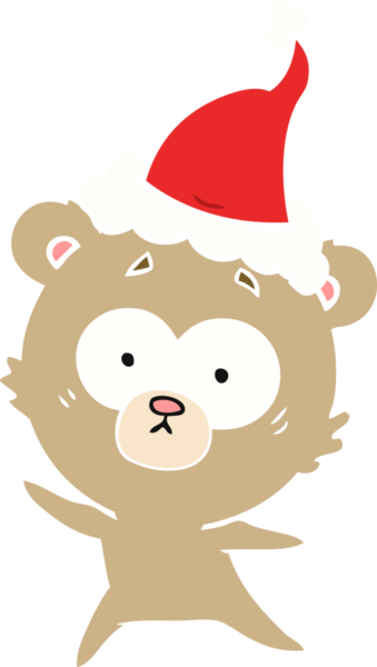 Endişeli ayı eli düz renk çizimi. Bir insan tarafından çizilmiş Noel Baba şapkası.