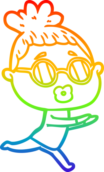 Bir insan tarafından çizilmiş güneş gözlüğü takan çizgi film kadını çizimi.