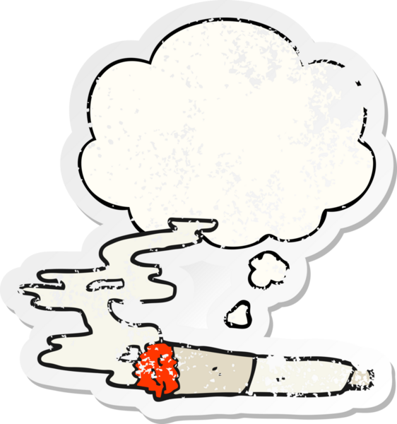 Düşünce baloncuklu çizgi film sigarası insan tarafından çizilmiş yıpranmış bir çıkartma gibi.