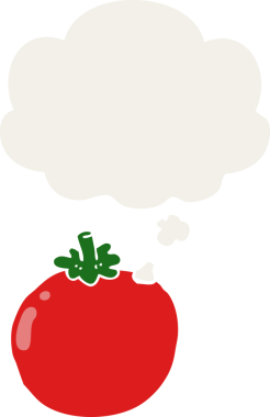 Düşünce baloncuklu karikatür domatesi insan tarafından çizilmiş.