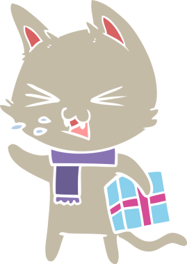 Düz renkli çizgi film tıslayan kedi Noel hediyesi bir insan tarafından çizilmiş.