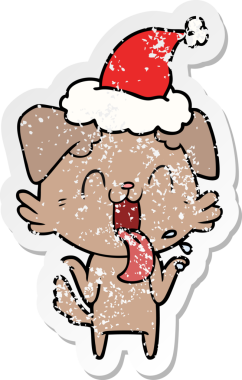 Bir insanın çizdiği Noel Baba şapkasını takan, nefes nefese kalmış, omuz silken bir köpeğin çizilmiş el yazısı.