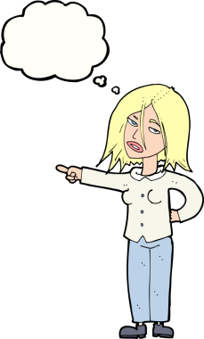 Bir insan tarafından çizilmiş düşünce balonuyla işaret eden çizgi film kadını.