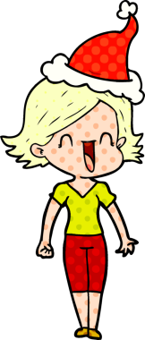 Bir insan tarafından çizilmiş Noel Baba şapkası giyen mutlu bir kadının el çizimi çizgi roman tarzı çizimi.