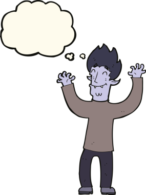 Bir insan tarafından çizilmiş düşünce balonlu mutlu vampir adam çizgi filmi.