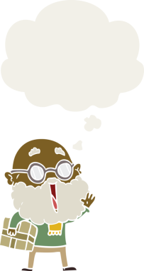 Komik sakallı ve kolunun altında bir insan tarafından çizilmiş düşünce baloncuğu olan neşeli bir adam.