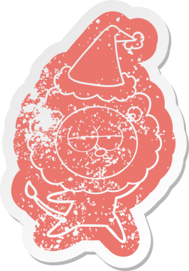 Bir insan tarafından çizilmiş Noel Baba şapkası takan canı sıkkın bir aslanın garip bir karikatürü.