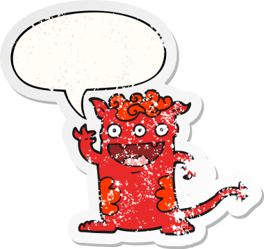 Konuşma baloncuklu bir cadılar bayramı canavarı bir insan tarafından çizilmiş sıkıntılı eski bir çıkartma.