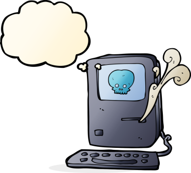 Bir insan tarafından çizilmiş düşünce baloncuklu bilgisayar virüsü karikatürü