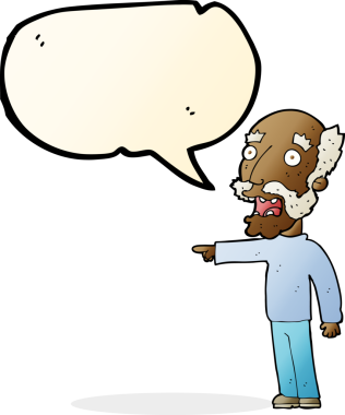 Çizgi film korkak yaşlı adam bir insan tarafından çizilmiş konuşma balonuyla işaret ediyor.