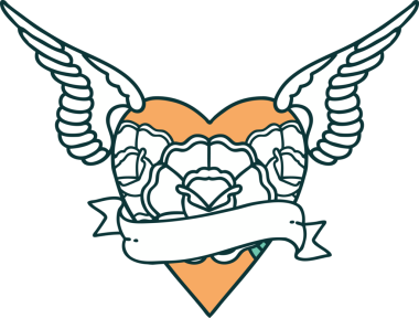 Kanatlı, çiçek ve bir insan tarafından çizilmiş bir kalbin ikonik dövme görüntüsü.