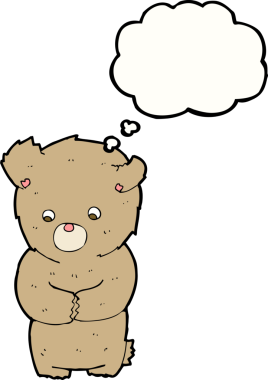 Bir insan tarafından çizilmiş düşünce balonlu utangaç oyuncak ayı.