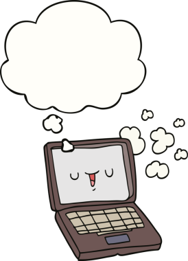 Bir insan tarafından çizilmiş düşünce baloncuklu çizgi film bilgisayarı.