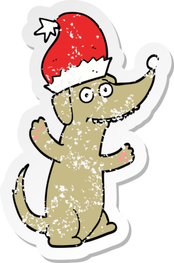 distressed sticker of a cute christmas cartoon dog drawn by a human