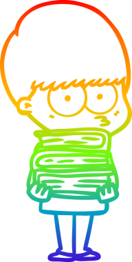 rainbow gradient line drawing of a nervous cartoon boy carrying books drawn by a human