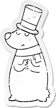 distressed sticker of a cartoon bear in top hat drawn by a human