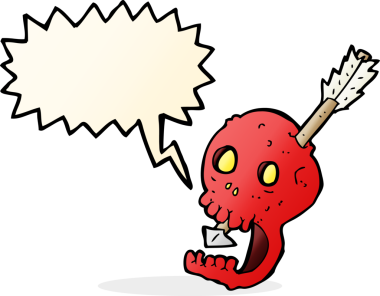 Bir insan tarafından çizilmiş komik bir kafatası ve ok.