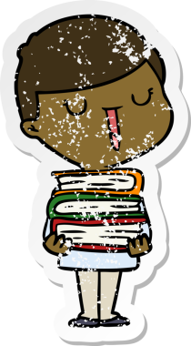 distressed sticker of a cartoon happy boy with stack of books drawn by a human