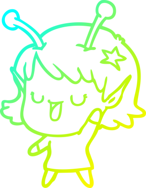 Bir insan tarafından çizilmiş mutlu bir uzaylı kız çizgi filmi.