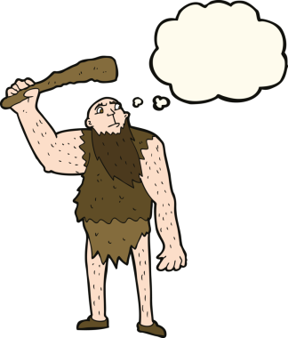 Bir insan tarafından çizilmiş düşünce baloncuğu olan Neandertal çizgi filmi.