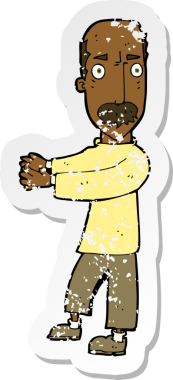 Bir insan tarafından çizilmiş kelleşen bir çizgi film karakterinin retro sıkıntılı çıkartması.