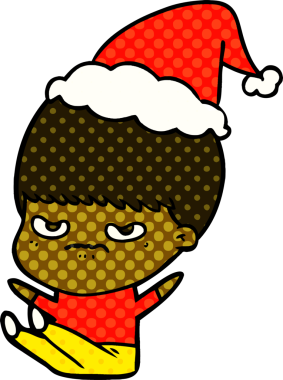 Bir insan tarafından çizilmiş Noel Baba şapkası takan bir çocuğun el çizimi çizgi roman tasviri