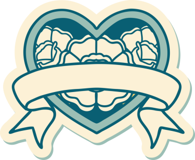 Geleneksel kalp stili dövme çıkartması ve bir insan tarafından çizilmiş çiçekli pankart.