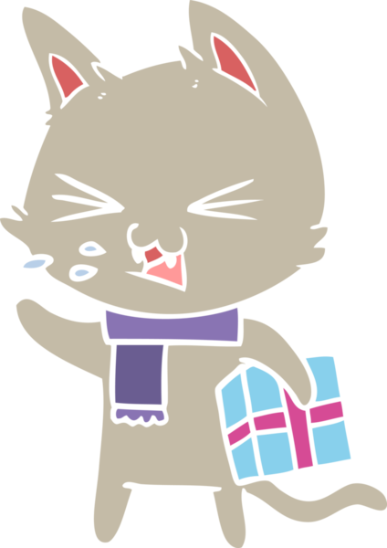 Düz renkli çizgi film tıslayan kedi Noel hediyesi bir insan tarafından çizilmiş.