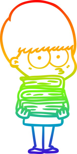 rainbow gradient line drawing of a nervous cartoon boy carrying books drawn by a human