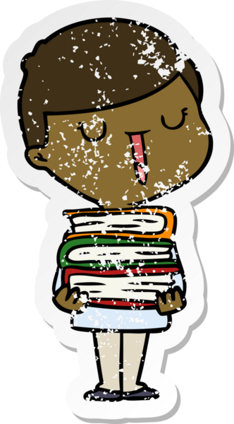 distressed sticker of a cartoon happy boy with stack of books drawn by a human