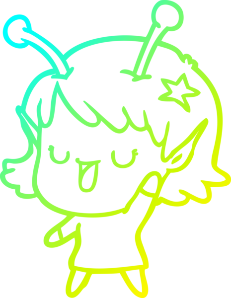 Bir insan tarafından çizilmiş mutlu bir uzaylı kız çizgi filmi.