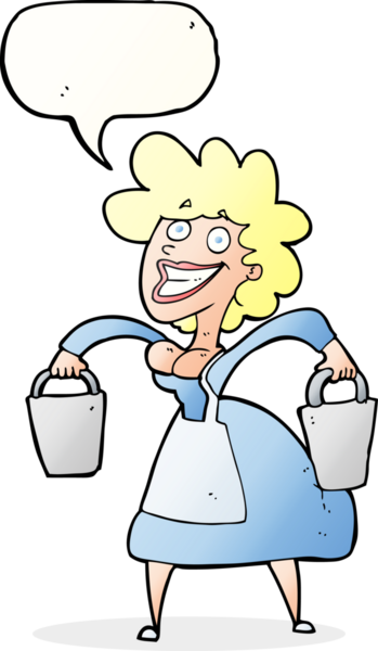 Bir insan tarafından çizilmiş konuşma balonlu kova taşıyan sütçü kız.