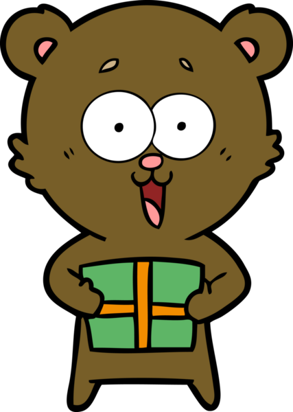 Bir insan tarafından çizilmiş Noel hediyeli gülen oyuncak ayı.