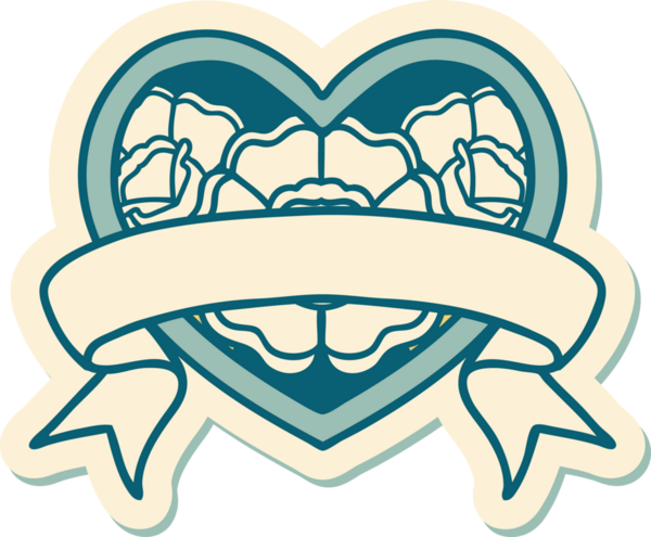 Geleneksel kalp stili dövme çıkartması ve bir insan tarafından çizilmiş çiçekli pankart.