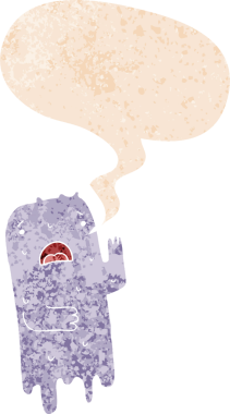 Konuşma baloncuğu olan çizgi film hayaleti bir insan tarafından çizilmiş dertli retro tarzı