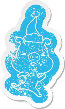 Garip bir çizgi film, insan tarafından çizilmiş Noel Baba şapkasıyla koşan kızgın bir domuzun çıkartması.