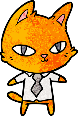 Bir insan tarafından çizilmiş ofis kıyafetleri içindeki çizgi film kedisi.