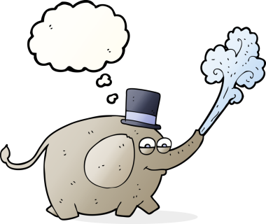 Serbest çizim düşünce balonu karikatür fili bir insan tarafından çizilmiş su fışkırtıyor.