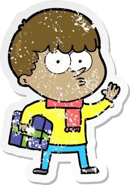 Bir insan tarafından çizilmiş bir hediye taşıyan karikatür meraklısı bir çocuğun sıkıntılı çıkartması