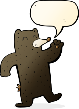 Bir insan tarafından çizilmiş konuşma balonuyla siyah ayıyı sallayan çizgi film.