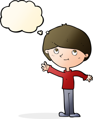 Bir insan tarafından çizilmiş düşünce balonu olan mutlu çocuk çizgi filmi.