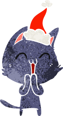 Mutlu el çizimi, Noel Baba şapkası takan bir kedinin insan tarafından çizilmiş retro karikatürü.