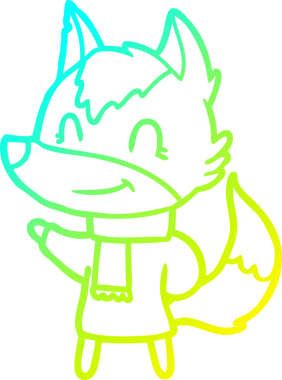 Bir insan tarafından çizilmiş kışlık giysili, dost canlısı bir kurt çizgi çizimi.