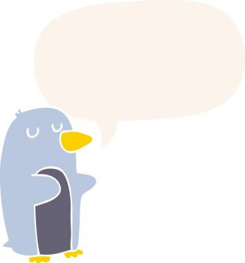 bir insan tarafından çizilmiş, retro tarzı konuşma balonu olan penguen çizgi filmi.