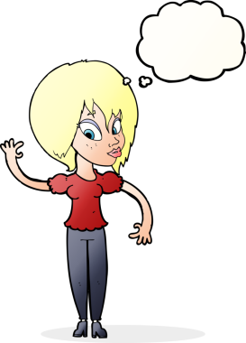 Bir insan tarafından çizilmiş düşünce baloncuğuyla el sallayan çizgi film kadını.